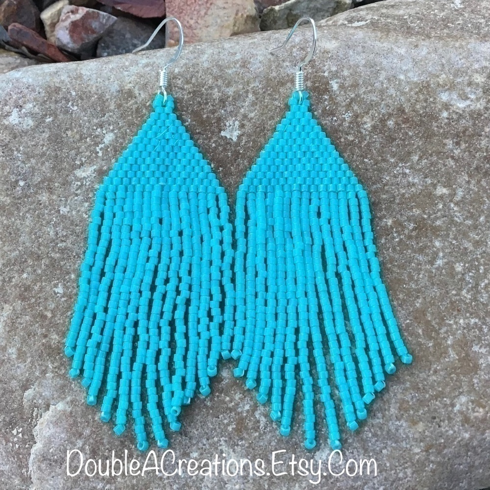 Turquoise Beaded Earrings With Fringe, New, Handmade By Me